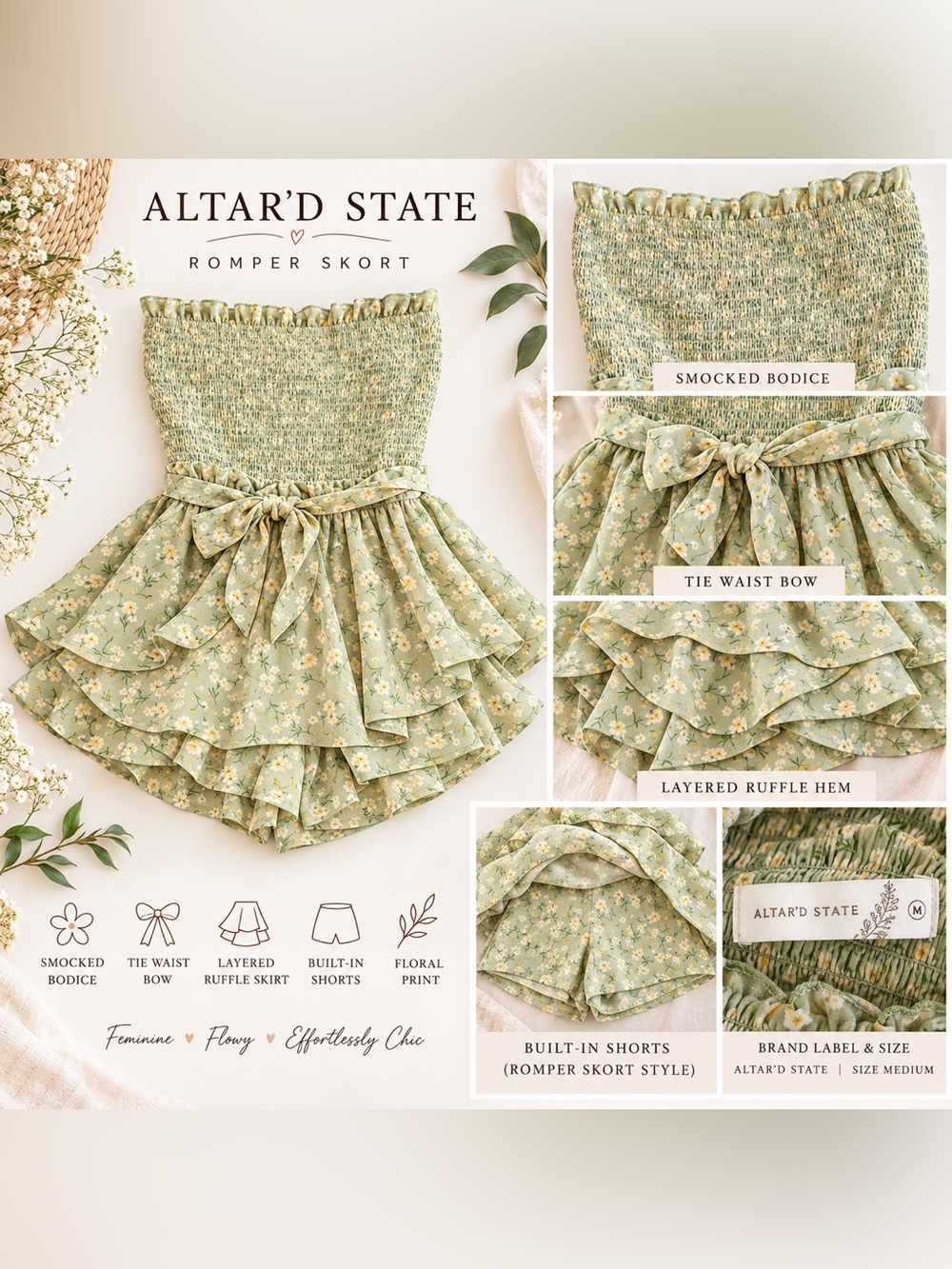 Altar’d State Sage Green Floral Strapless Romper - Size M